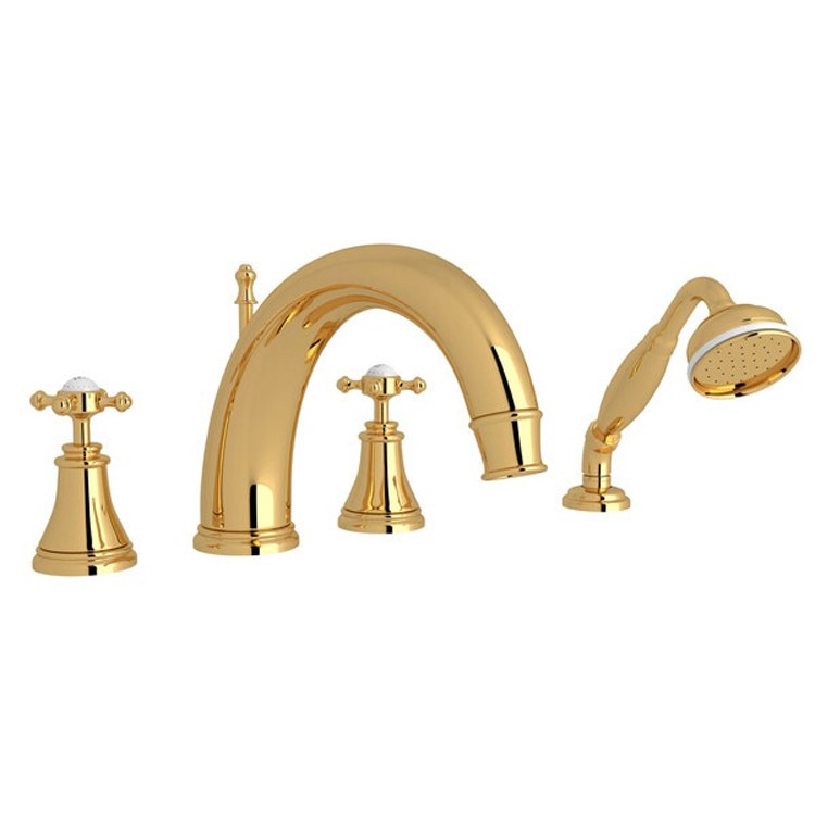 Tub Filler Georgian Era Deck Mount with Handshower 2 Cross C-Spout English Gold - Frankwebs