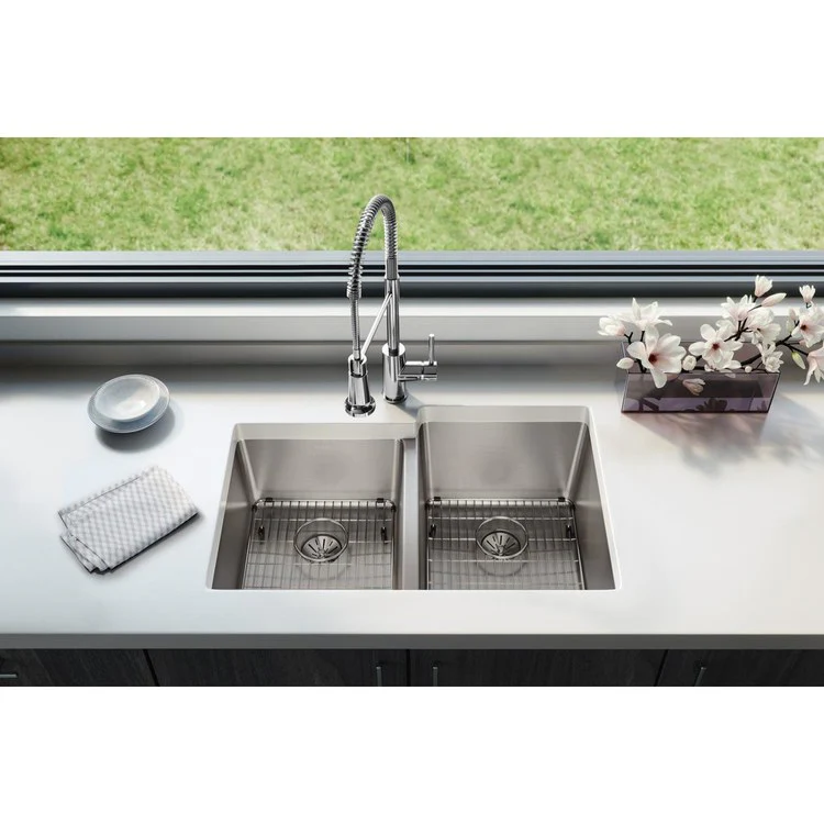 Sink Kit Lustertone Iconix Left Perfect Drain 31.25 x 20.5 Inch Double Bowl Luminous Satin One EBG1216 Bottom Grid One EBG1214 Bottom Grid Two LKPD1 Perfect Drain and Strainers - Frankwebs