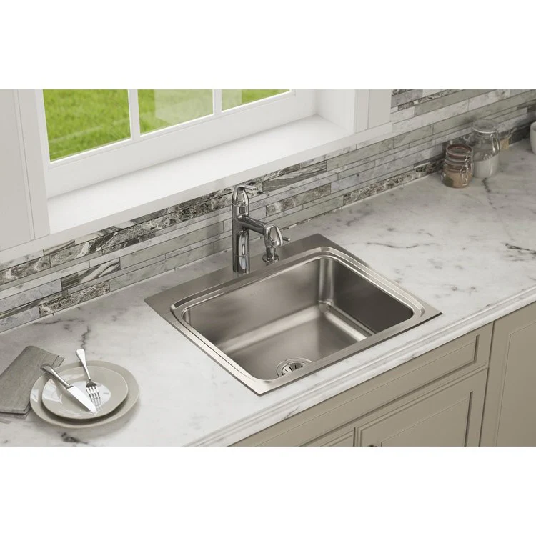Kitchen Sink Lustertone Classic 25 x 22 Inch Single Bowl Lustrous Satin Drop-In Stainless Steel Drain Location Center Sides and Bottom Pads - Frankwebs