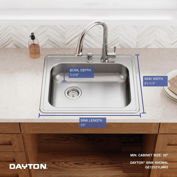 Kitchen Sink Dayton 25 x 21.25 Inch Single Bowl MR2 Hole ADA Satin Drop-In Rectangle Drain Location Rear Left Depth 5-3/8 Inch Bottom Only Pads - Frankwebs
