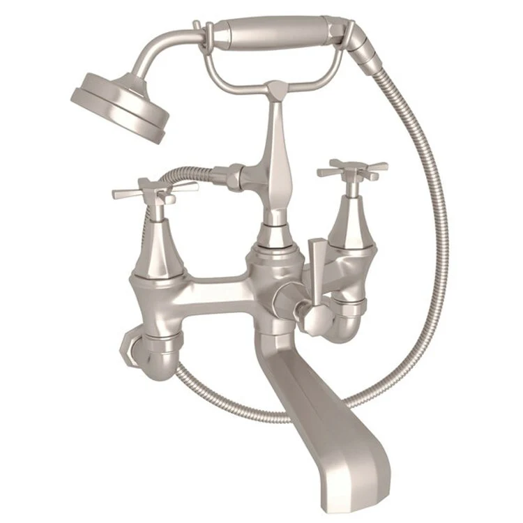 Tub Filler Deco Exposed Wall Mount with Handshower 7-7/8 Inch Spread 3 Cross/Lever Fixed Spout Satin Nickel - Frankwebs
