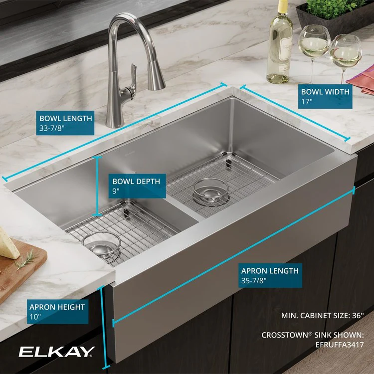 Kitchen Sink Crosstown 36 x 20.25 Inch Double Bowl Equal Tall with Aqua Divide Polished Satin Farmhouse - Frankwebs