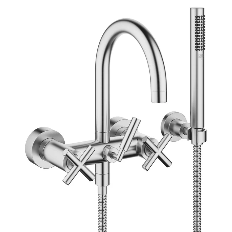 Tub Filler TARA Mixer for Wall Mount with Handshower 5-7/8 Inch Spread 3 Cross/Lever Brushed Chrome - Frankwebs