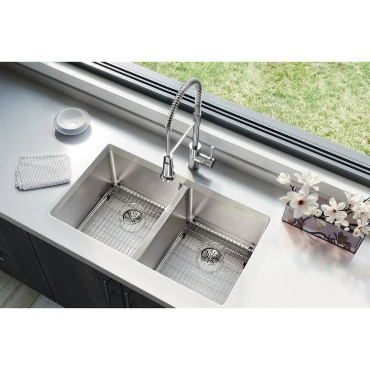 Kitchen Sink Lustertone Iconix 32.75 x 19.5 Inch Double Bowl Kit with Perfect Drain Luminous Satin Undermount - Frankwebs