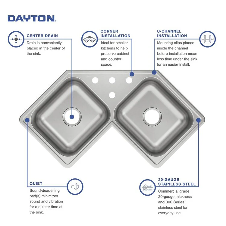 Kitchen Sink Dayton 32 x 32 Inch Double Bowl Equal Corner 4 Hole Elite Satin Corner - Frankwebs