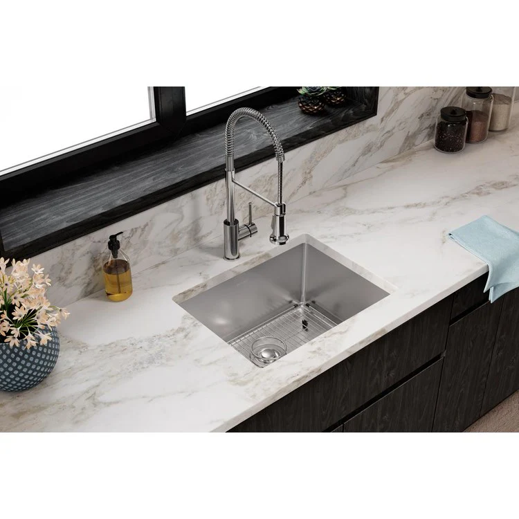 Sink Kit Crosstown 23.5 x 18.25 Inch Single Bowl Polished Satin Bottom Grid Strainer Drain Cleanser Towel Cloth Bag Geometric Design Offers Straight Sidewalls and a Flat Bottom for a Modern Look and More Usable Space - Frankwebs