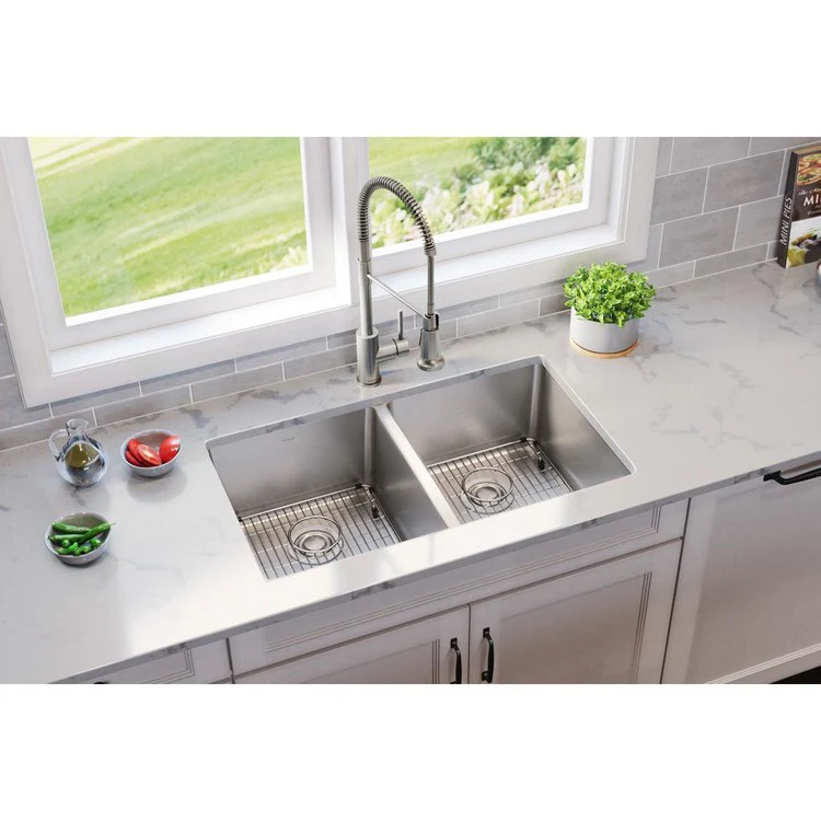 Sink Kit Lustertone Iconix 32.75 x 19.5 Inch Double Bowl Luminous Satin Two EBG1315 Bottom Grids Two LKDD Drain and Strainers - Frankwebs