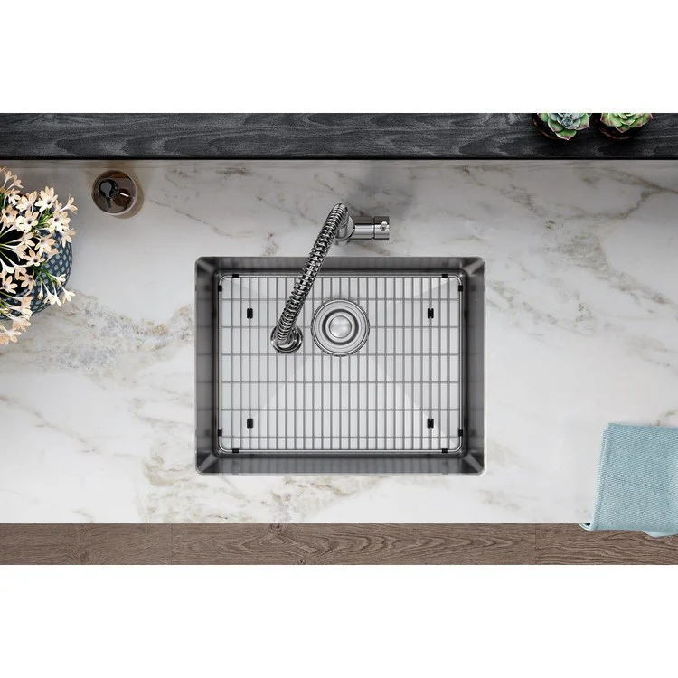 Sink Kit Crosstown 23.5 x 18.25 Inch Single Bowl Polished Satin Bottom Grid Strainer Drain Cleanser Towel Cloth Bag Geometric Design Offers Straight Sidewalls and a Flat Bottom for a Modern Look and More Usable Space - Frankwebs