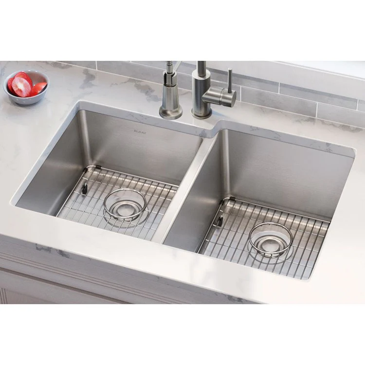 Sink Kit Lustertone Iconix Left Small Bowl 31.25 x 20.5 Inch Double Bowl Luminous Satin One EBG1216 Bottom Grid One EBG1214 Bottom Grid Two LKDD Drain and Strainers - Frankwebs