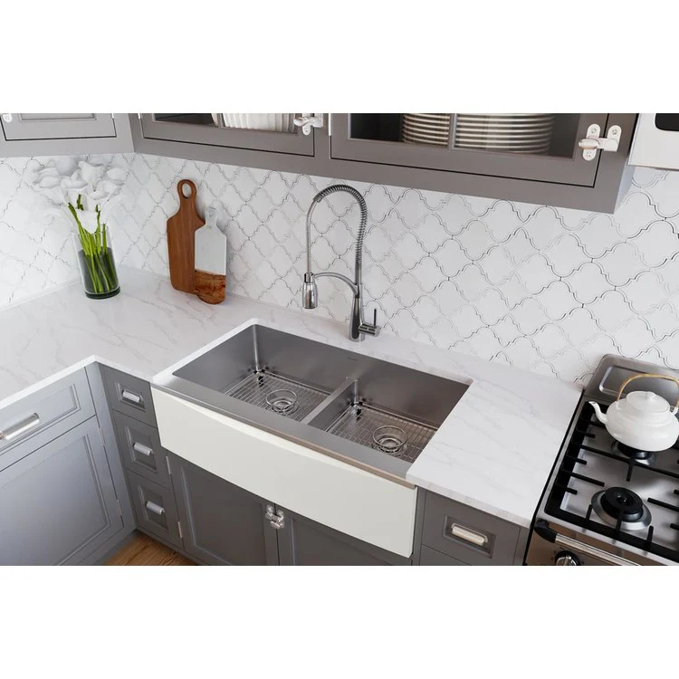 Kitchen Sink Crosstown 36 x 20.25 Inch Double Bowl Kit with Aqua Divide Polished Satin Farmhouse - Frankwebs