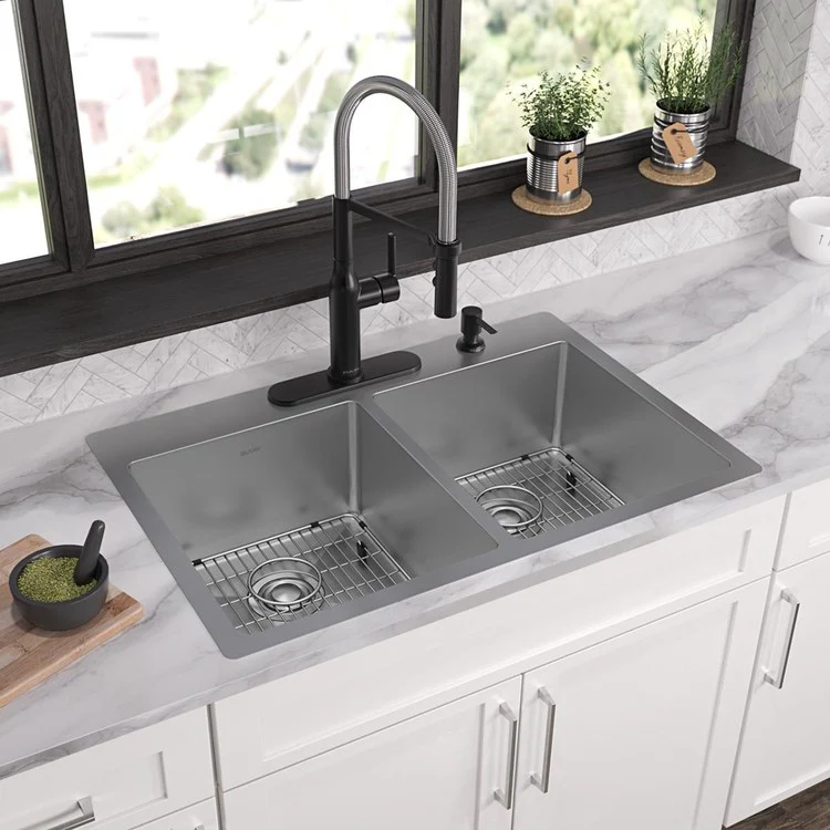 Kitchen Sink Crosstown 33 x 22 Inch Double Bowl Equal Kit 4 Hole Polished Satin Drop-In Undermount - Frankwebs