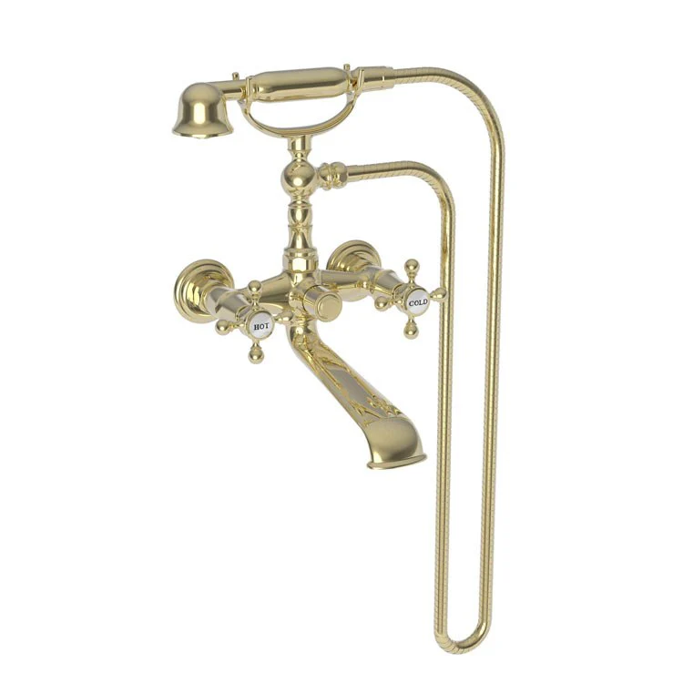 Tub Filler Chesterfield Wall Mount Exposed with Handshower 6 Inch Spread 2 Cross ADA Satin Gold PVD 2 Hole - Frankwebs