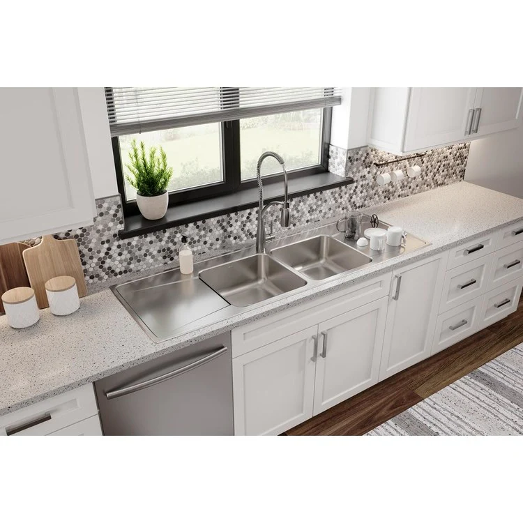 Kitchen Sink Lustertone Classic 66 x 22 Inch Double Bowl Equal with 2 Drain Board Lustrous Satin Drop-In - Frankwebs
