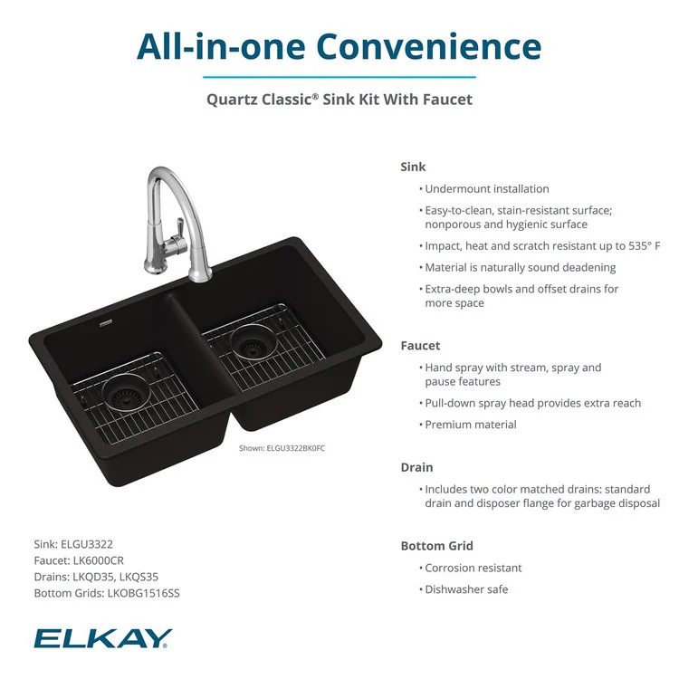 Kitchen Sink Quartz Classic 33 x 18.5 Inch Double Bowl Equal Kit with Faucet Mocha Undermount - Frankwebs