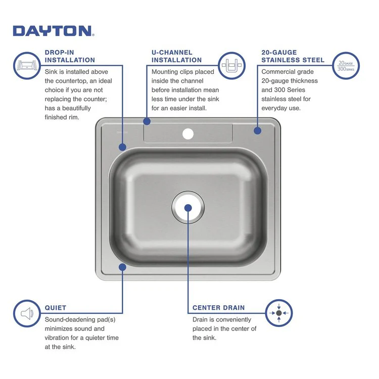 Kitchen Sink Dayton 25 x 22 Inch Single Bowl 1 Hole Elite Satin Drop-In Drain Location Center Bottom Only Pads - Frankwebs