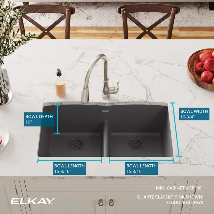 Kitchen Sink Quartz Classic 33 x 19 Inch Double Bowl Equal with Aqua Divide Dusk Gray Undermount - Frankwebs