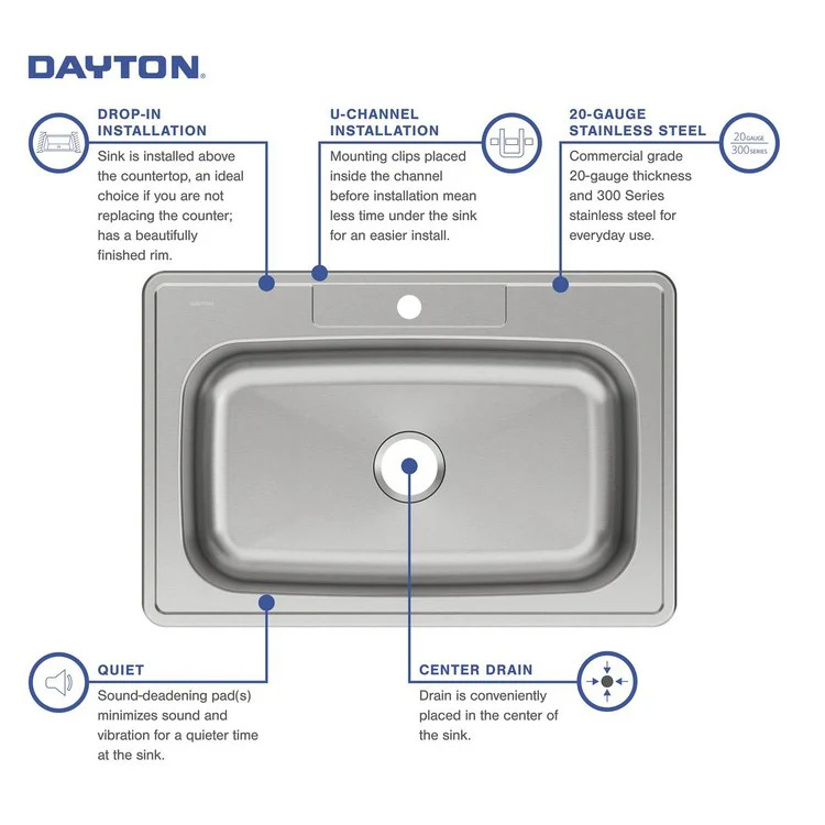 Kitchen Sink Dayton 33 x 22 Inch Single Bowl Equal 1 Hole Elite Satin Drop-In Drain Location Center Bottom Only Pads - Frankwebs