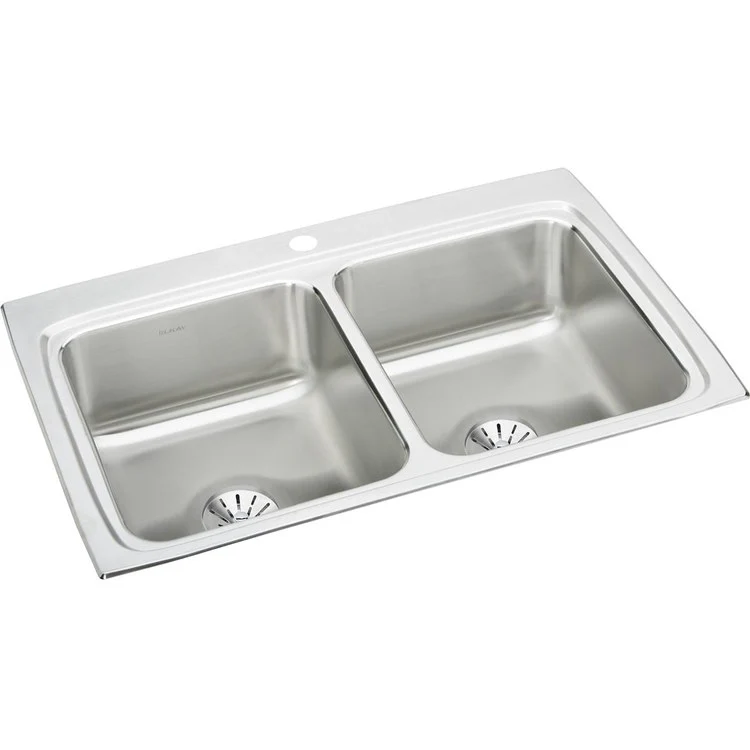 Kitchen Sink Lustertone Classic 33 x 22 Inch Double Bowl Equal with Perfect Drain 1 Hole Lustertone Top Mount Stainless Steel Drain Location Center Side and Bottom Pads - Frankwebs