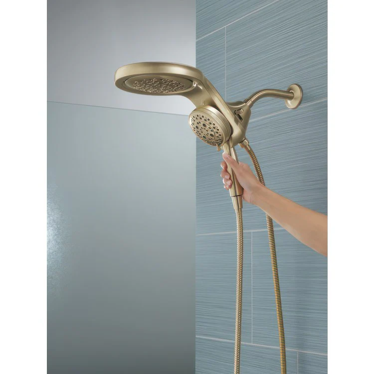 Handshower Combination HydroRain Universal Showering Components HydroRain H2Okinetic In2ition 2-In-1 Lumicoat Champagne Bronze WaterSense 5 Function 6 Inch 60-82 Inch Stretchable Metal Hose 12-1/4 Inch - Frankwebs