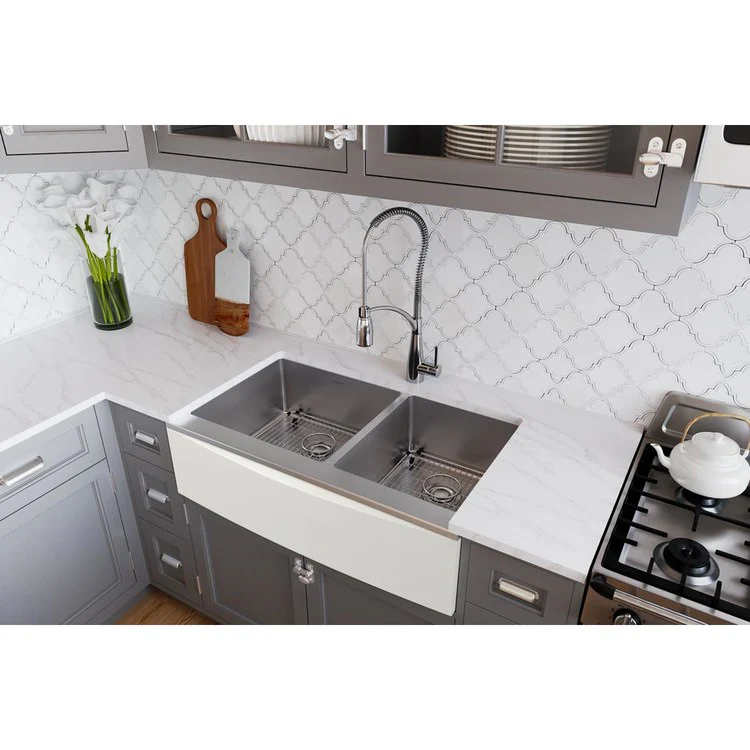 Kitchen Sink Crosstown 36 x 20.31 Inch Double Bowl Kit Polished Satin Farmhouse - Frankwebs