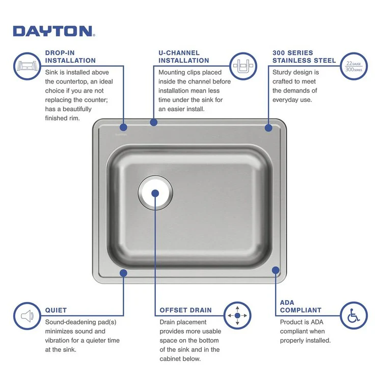 Kitchen Sink Dayton 25 x 21.25 Inch Single Bowl ADA Satin Drop-In Rectangle Drain Location Rear Left Depth 5-3/8 Inch Bottom Only Pads - Frankwebs