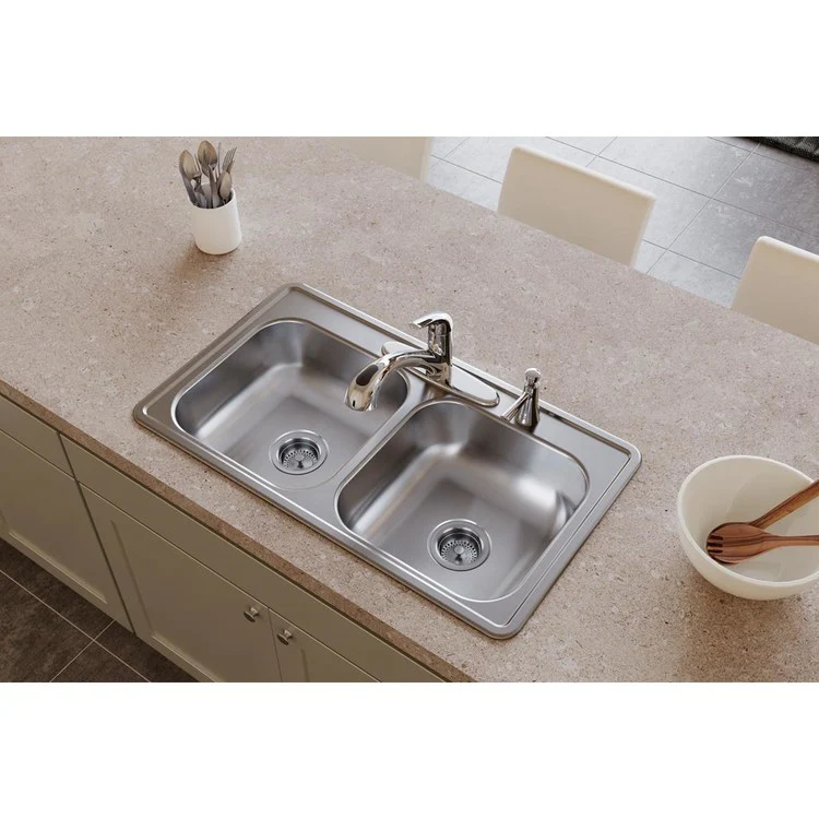 Kitchen Sink Dayton 33 x 19 Inch Double Bowl Equal MR2 Hole ADA Satin Drop-In Rectangle Drain Location Center Depth 6-4/9 Inch Bottom Only Pads - Frankwebs