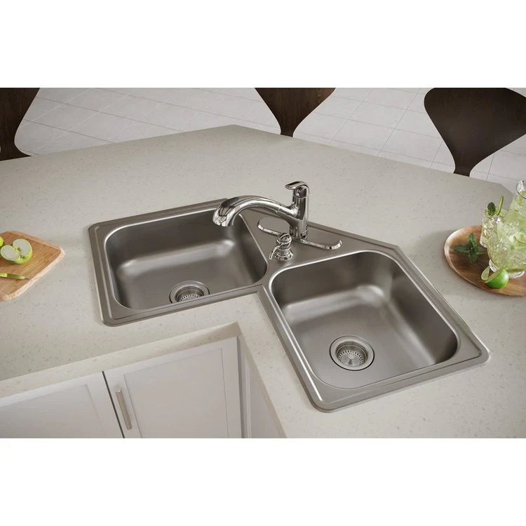 Kitchen Sink Dayton 32 x 32 Inch Double Bowl Equal Corner 4 Hole Elite Satin Corner - Frankwebs