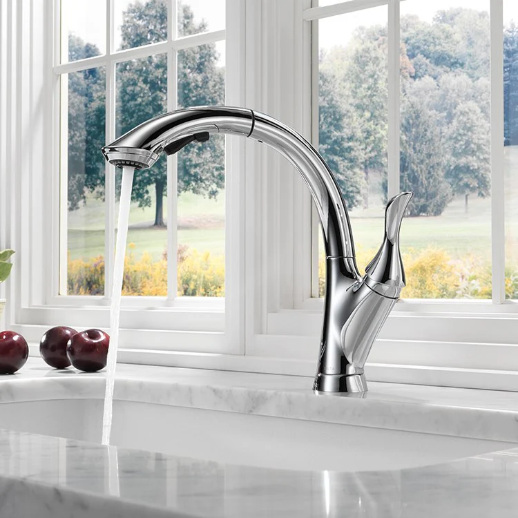 Linden Single Handle High Arc Pull Out Kitchen Faucet with Multi-Flow Technology - Frankwebs