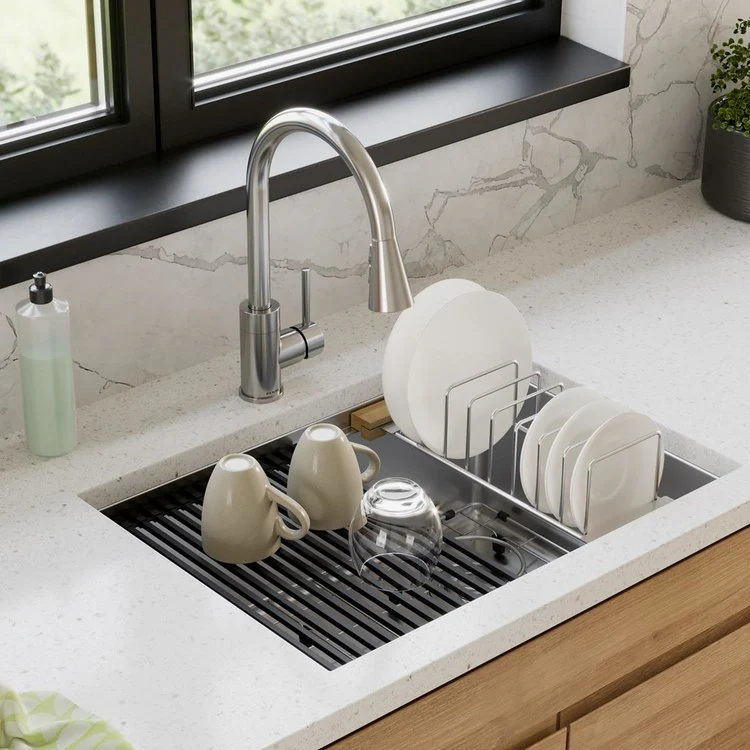 Sink Kit Crosstown Workstation 25.5 x 18.5 Inch Single Bowl Polished Satin Bottom Grid Colander Cutting Board Two Drying Racks Drain Premium 16-Gauge Thickness and Type 304 Stainless Steel for Immense Durability and Performance - Frankwebs