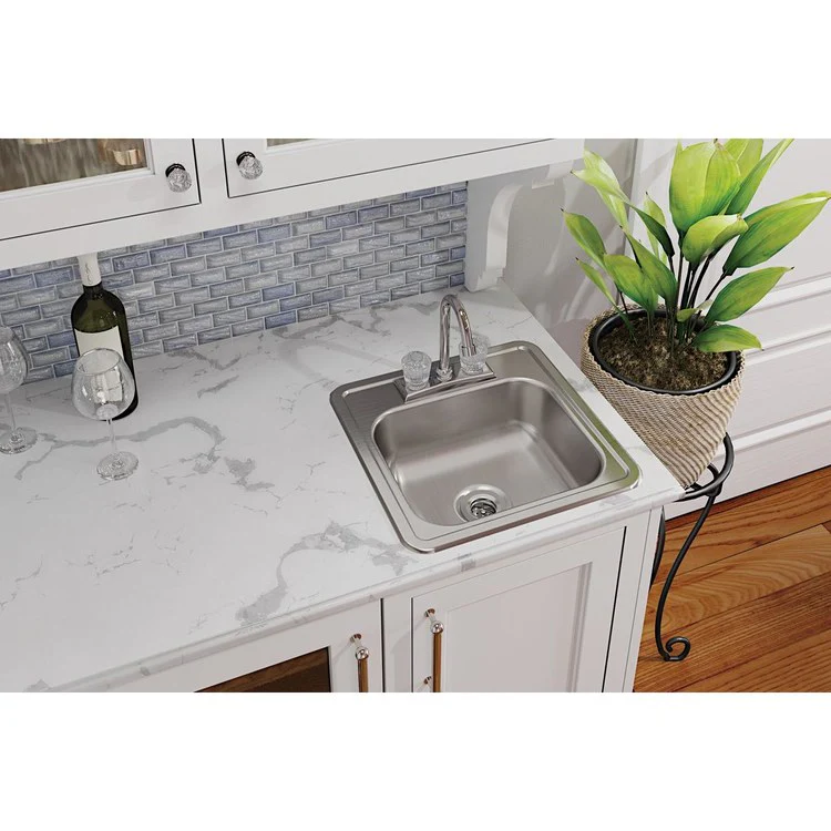 Bar Sink Kingsford 15 x 15 Inch Single Bowl Faucet Kit with Drain Opening 2 Hole Satin Drop-In Square Drain Size 2 Inch - Frankwebs