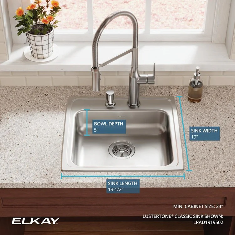 Kitchen Sink Lustertone Classic 19.5 x 19 Inch Single Bowl 2 Hole ADA Lustrous Satin Drop-In Rectangle Drain Location Rear Center Depth 5 Inch Bottom Only Pads - Frankwebs