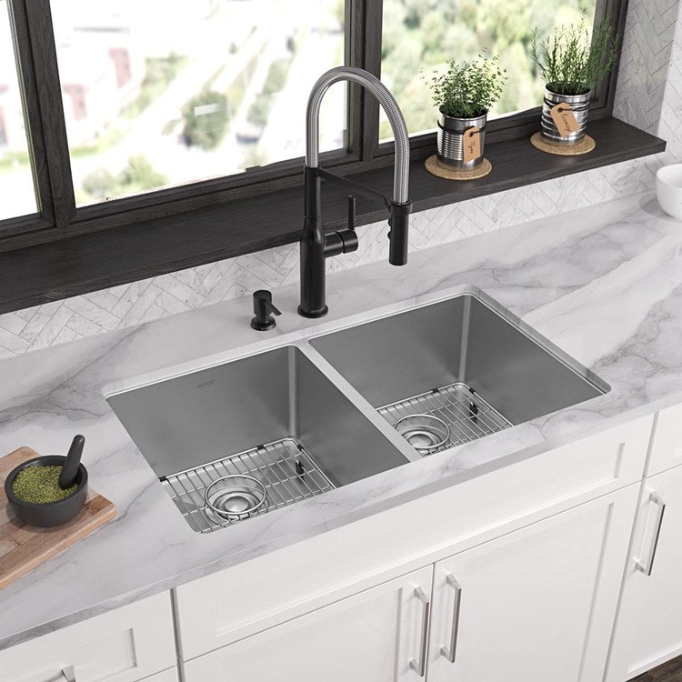 Kitchen Sink Crosstown 33 x 22 Inch Double Bowl Equal Kit 2 Hole Polished Satin Drop-In Undermount - Frankwebs