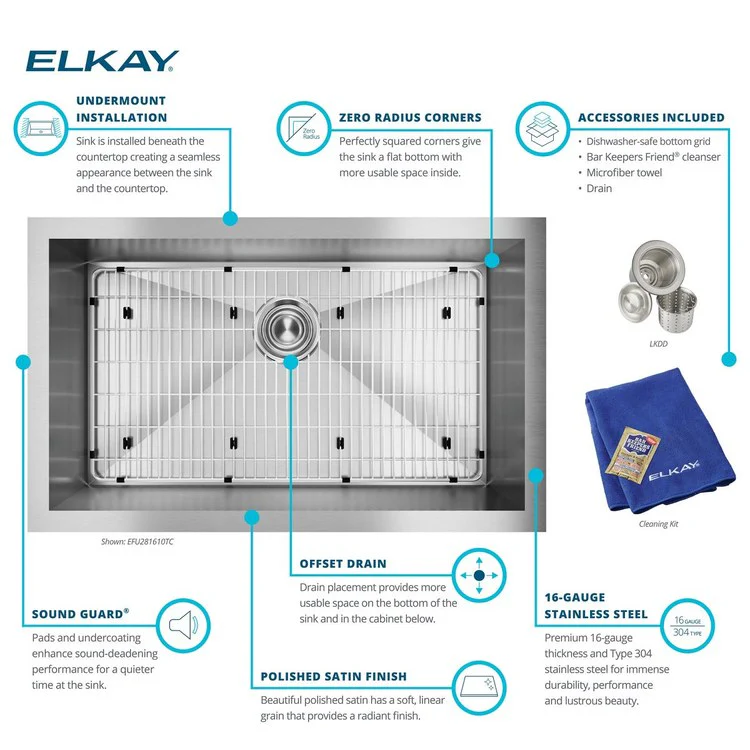 Sink Kit Crosstown 30.5 x 18.5 Inch Single Bowl Polished Satin Bottom Grid Strainer Drain Cleanser Towel Cloth Bag - Frankwebs