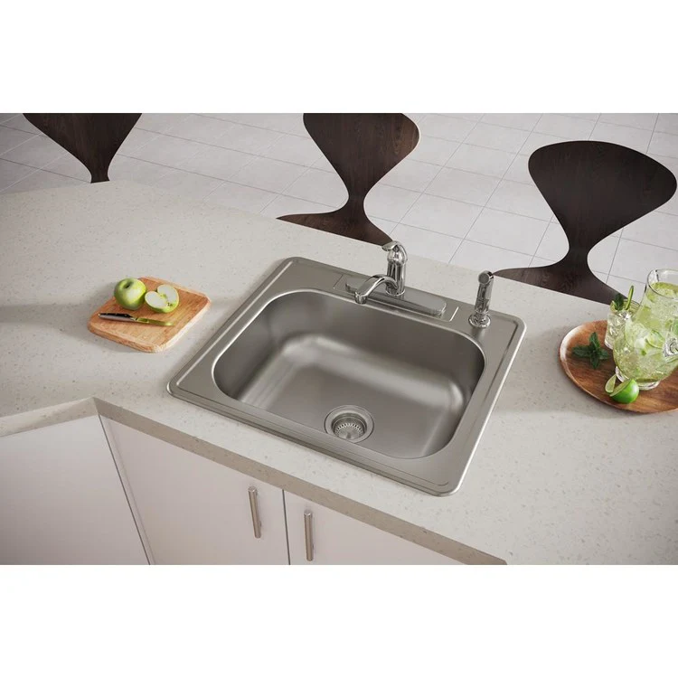 Kitchen Sink Dayton 25 x 22 Inch Single Bowl 4 Hole Elite Satin Drop-In Drain Location Center Bottom Only Pads - Frankwebs