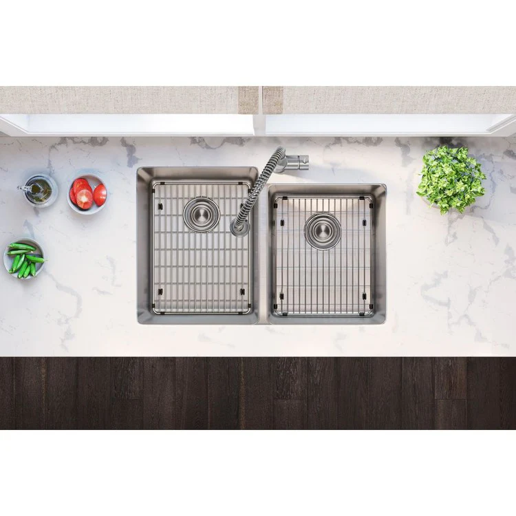 Sink Kit Lustertone Iconix Right Small Bowl 31.25 x 20.5 Inch Double Bowl Luminous Satin One EBG1216 Bottom Grid One EBG1214 Bottom Grid Two LKDD Drain and Strainers - Frankwebs