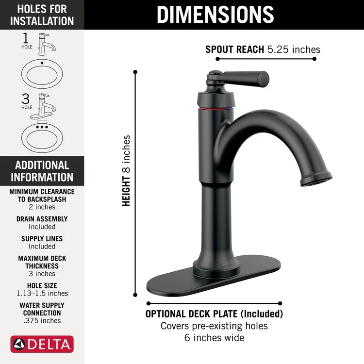 Lavatory Faucet Saylor 1 Lever ADA WaterSense Matte Black 1.2 Gallons per Minute 4-9/16 Inch - Frankwebs