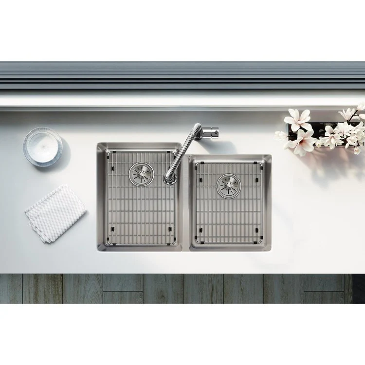 Sink Kit Lustertone Iconix Right Perfect Drain 31.25 x 20.5 Inch Double Bowl Luminous Satin One EBG1216 Bottom Grid One EBG1214 Bottom Grid Two LKPD1 Perfect Drain and Strainers - Frankwebs