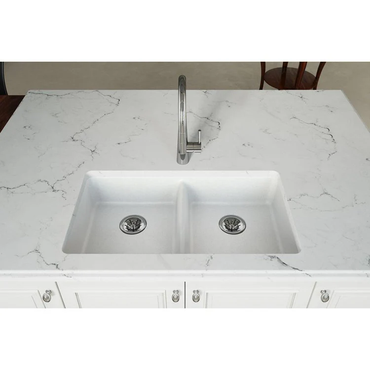 Kitchen Sink Quartz Classic 33 x 18.5 Inch Double Bowl Perfect Drain ADA White Undermount Rectangle Drain Location Rear Center Depth 5-1/2 Inch Naturally Sound Deadening Superior Heat Scratch Fade and Stain Resistance - Frankwebs
