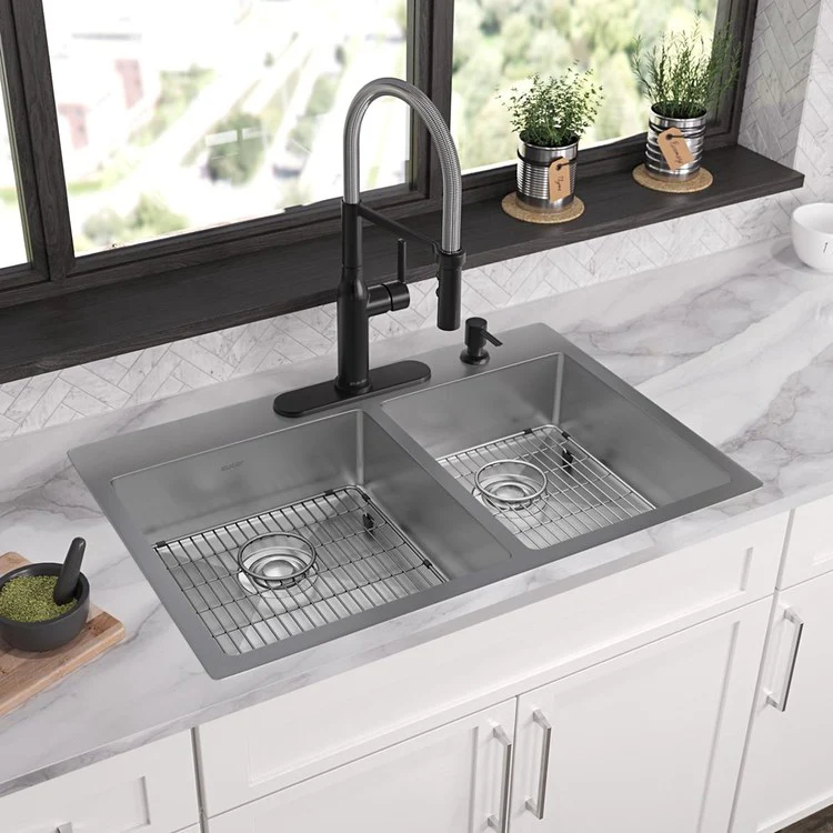 Kitchen Sink Crosstown 33 x 22 Inch Double Bowl 60/40 Kit 4 Hole Polished Satin Drop-In Undermount - Frankwebs