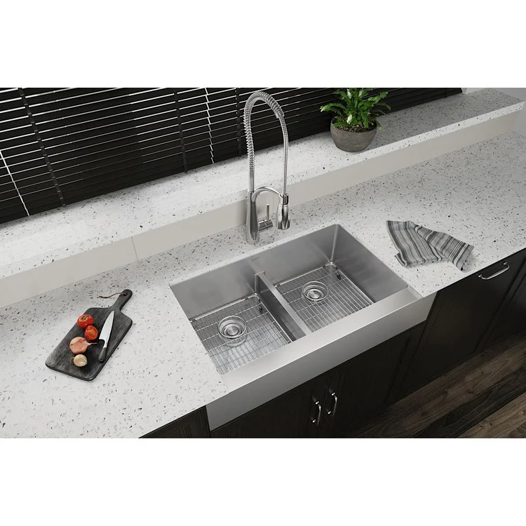 Kitchen Sink Crosstown 36 x 20.25 Inch Double Bowl Equal Kit with Aqua Divide Polished Satin Farmhouse - Frankwebs