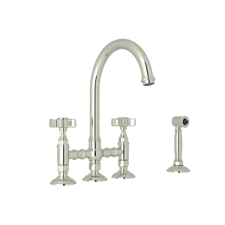 Kitchen Faucet San Julio with Sidespray 2 Five Spoke Handle Satin Nickel Column Spout Three Leg Bridge 1.5 Gallons per Minute - Frankwebs