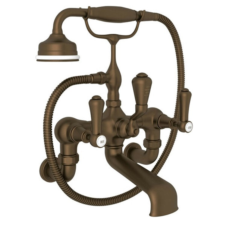 Tub Filler Georgian Era Exposed Wall Mount with Handshower 8 Inch Spread 3 White Porcelain Lever Fixed Spout English Bronze - Frankwebs