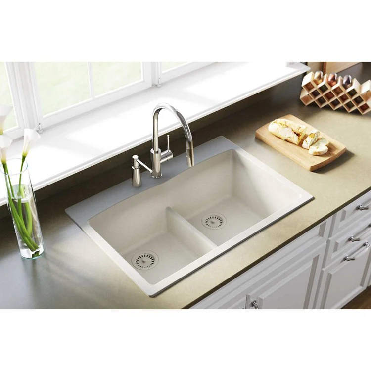 Kitchen Sink Quartz Classic 33 x 22 Inch Double Bowl Equal with Aqua Divide Bisque Drop-In - Frankwebs