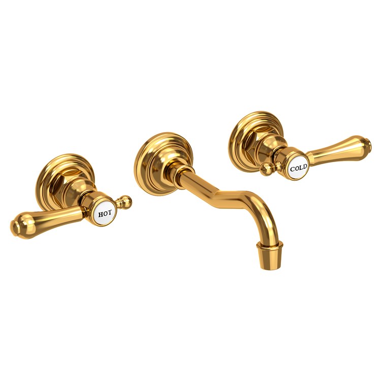 Lavatory Faucet Chesterfield Wall Mount Hot Cold Indicators 8 Inch Spread 2 Lever ADA WaterSense Aged Brass 1.2 Gallons Per Minute Brass Less Drain Spout Reach 7-1/4 Inch - Frankwebs