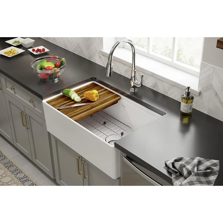 Kitchen Sink Fireclay 30 x 19 Inch Single Bowl Kit Apron Front White Farmhouse Front Drain Location Right Workstation - Frankwebs