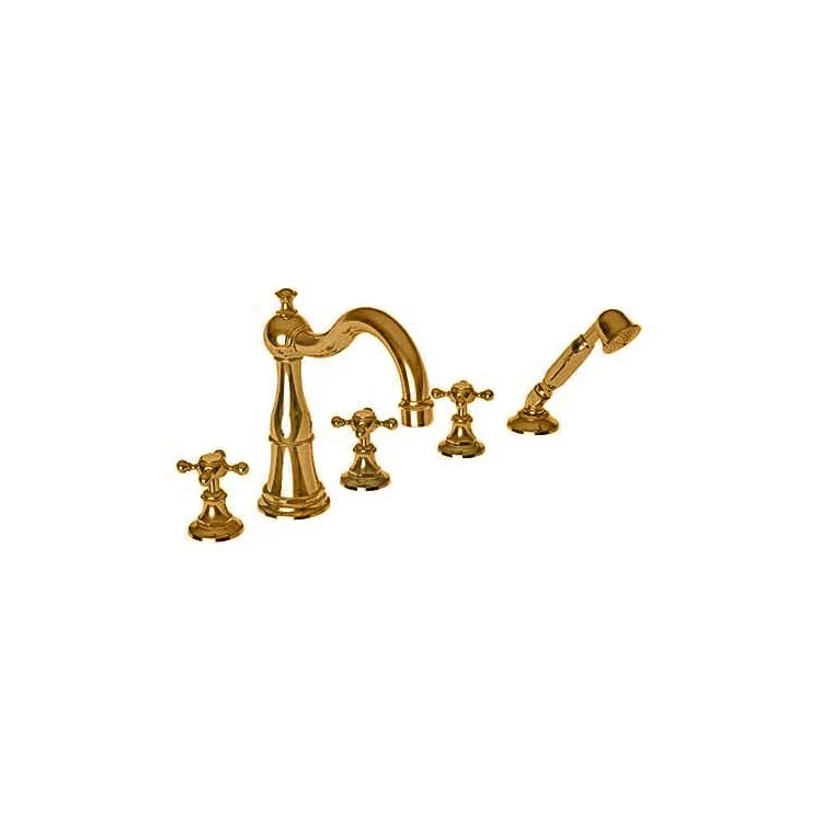 Roman Tub Trim Victoria Deck Mount with Handshower 3 Cross Satin Gold PVD ADA 8 to 20 Inch Spread - Frankwebs