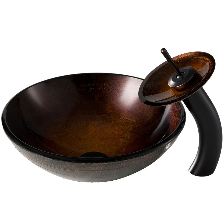 Copper Brown Glass Bathroom Vessel Sink and Waterfall Faucet Combo Set with Disk and Pop-Up Drain - Frankwebs
