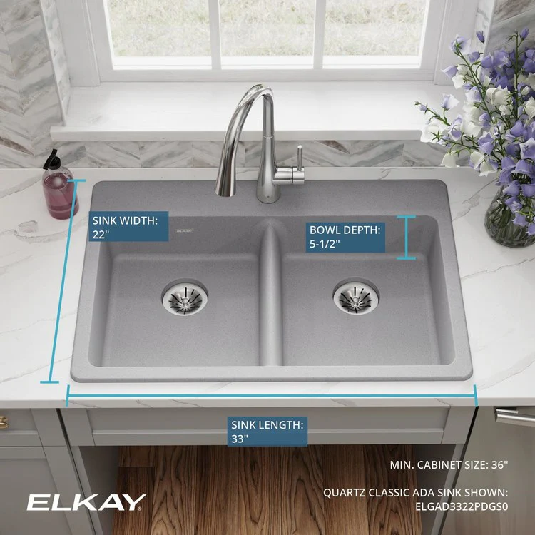 Kitchen Sink Quartz Classic 33 x 22 Inch Double Bowl with Perfect Drain ADA Greystone Drop-In Rectangle Drain Location Rear Center Depth 5-1/2 Inch - Frankwebs