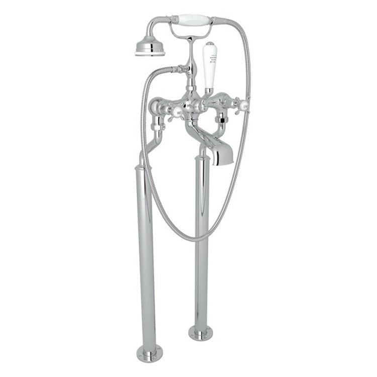 Tub Filler Edwardian Exposed Floor Mount with Handshower 7-7/8 Inch Spread 3 Cross/Lever Polished Nickel - Frankwebs