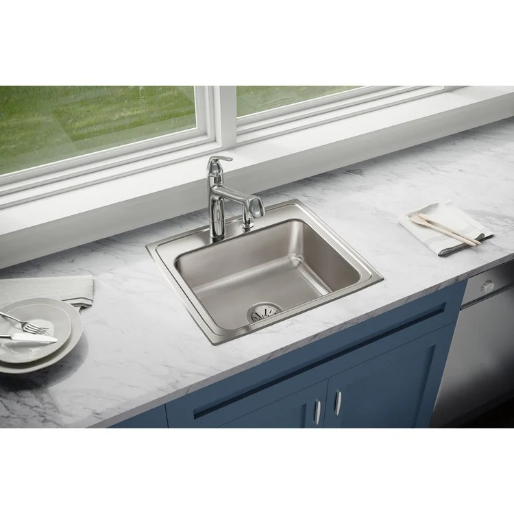 Kitchen Sink Lustertone Classic 22 x 19.5 Inch Single Bowl 5 Hole Lustrous Satin Drop-In Stainless Steel Drain Location Center Bottom Only Pads - Frankwebs